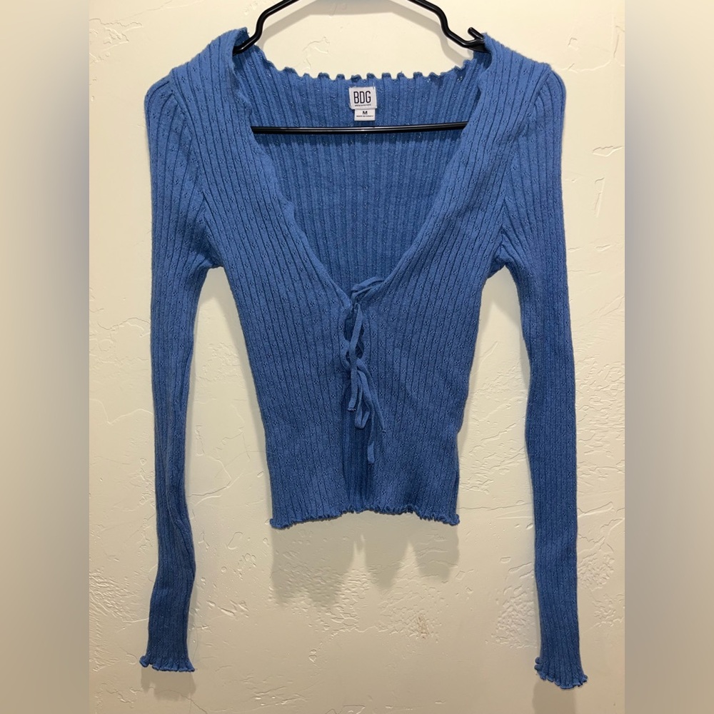 BDG Blue Ribbed Tie-Front Top